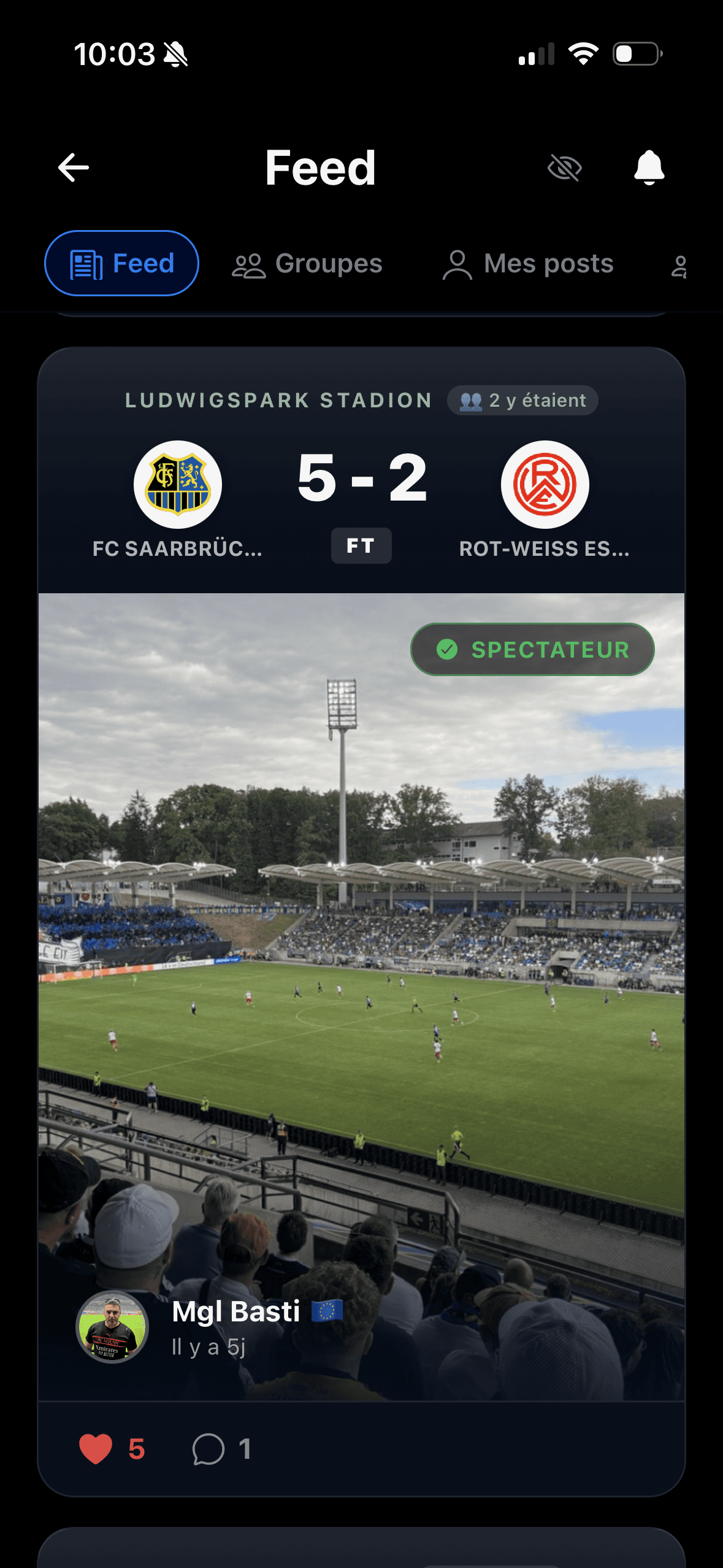 Social feed of matchday posts from other supporters