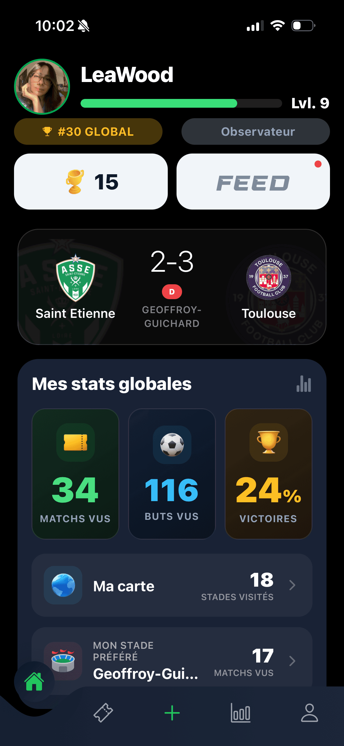 Kopio's home screen: career level, global rank, trophies and a recent match