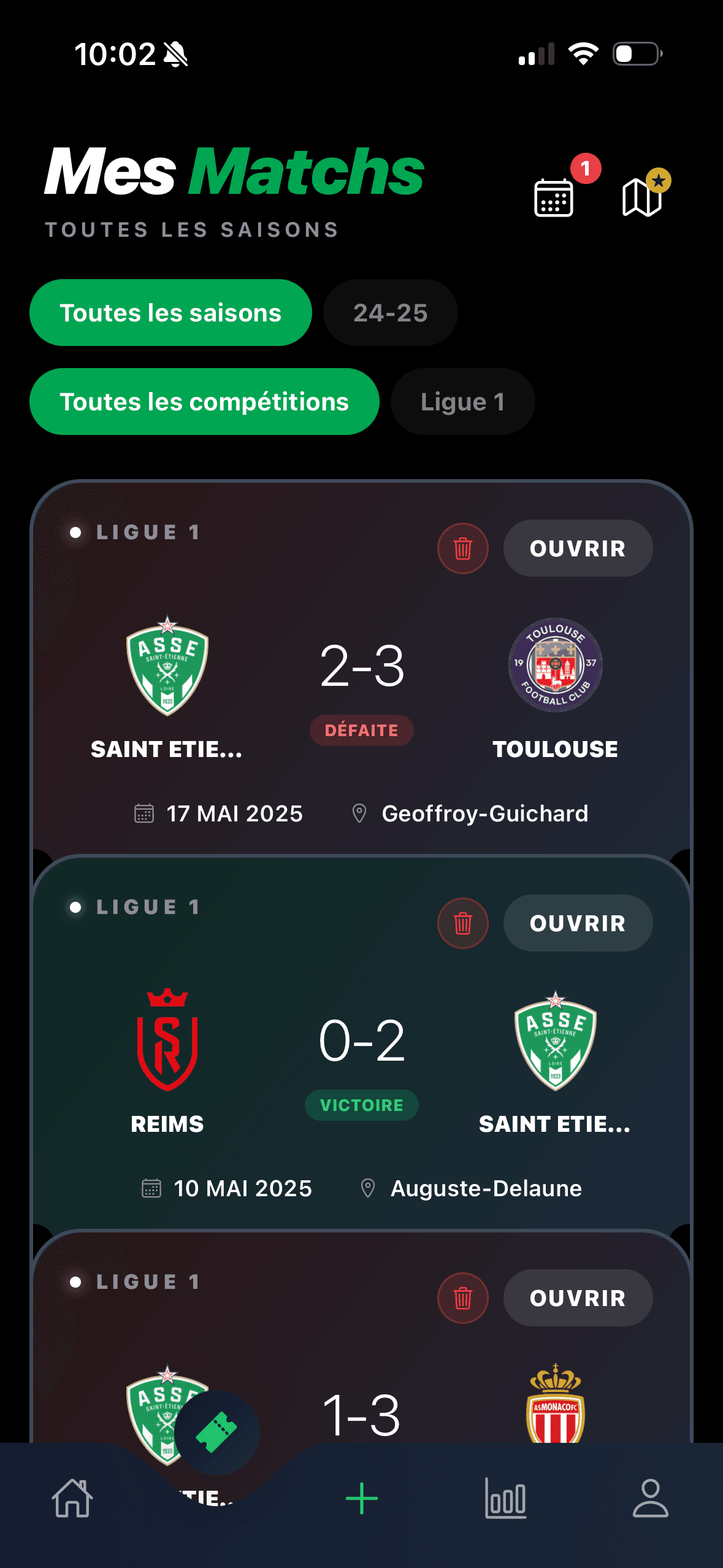 Kopio's match history: every game logged with score, result and stadium