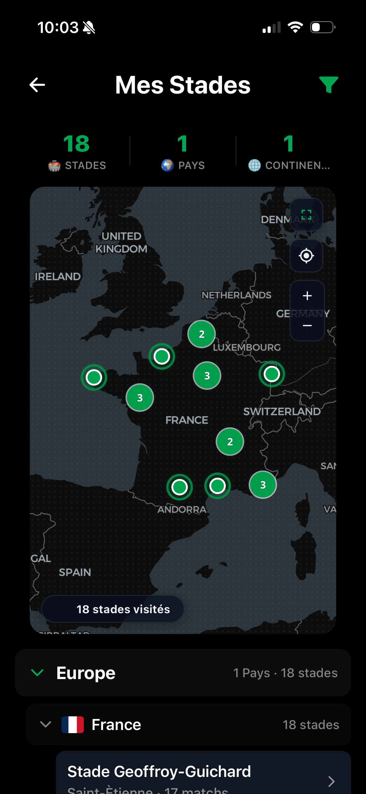 Map of every stadium visited, grouped by country